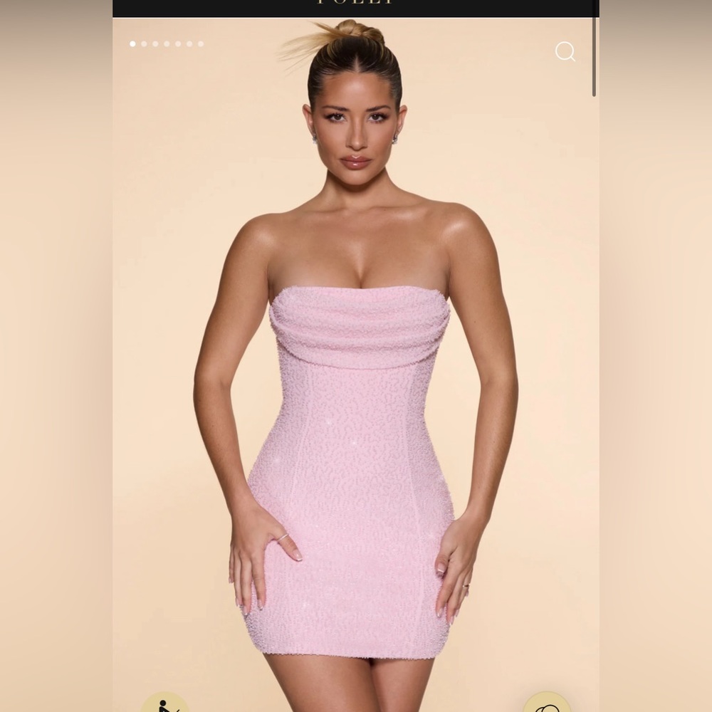 Oh Polly BASEL Embellished Strapless Cowl Neck Mini Dress in Blush